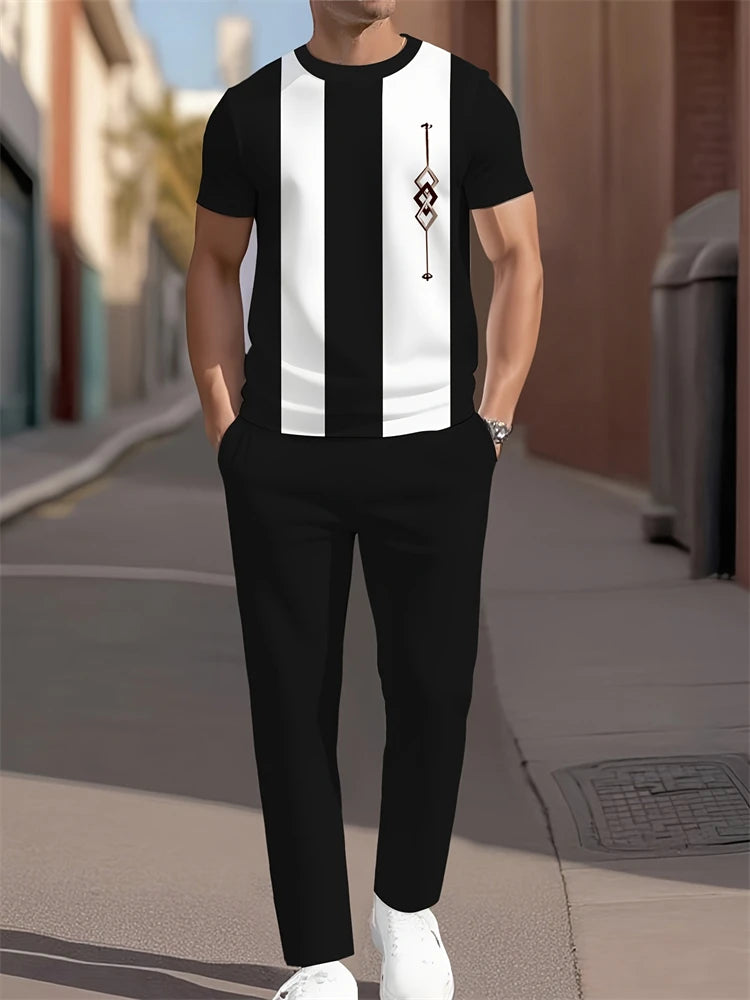 3D Navy Anchor Pattern Men's Set Summer Crew Neck Short Sleeve Shirt With Casual Trousers Two-Piece Set Casual Men's Set