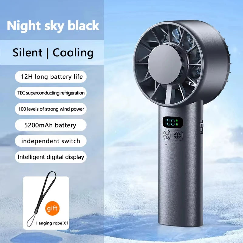 Portable Mini Fan Handheld Fan Ice Compress LED Display Ice Face 100 Wind Speeds 5200mAh USB Rechargeable Battery Fan