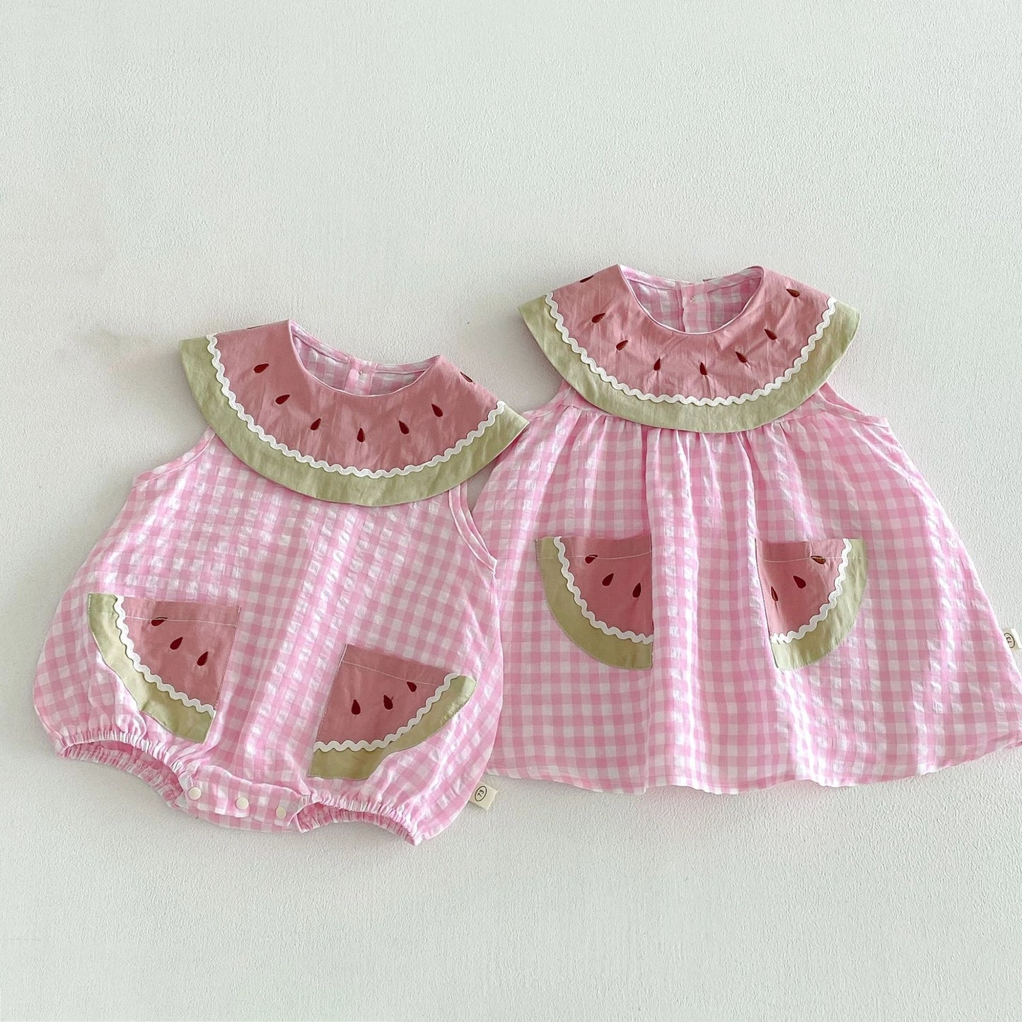 2026 Summer Childrens Clothes Watermelon Collar Baby Bodysuit with Patch Pockets Pink-white Check Girls Dress