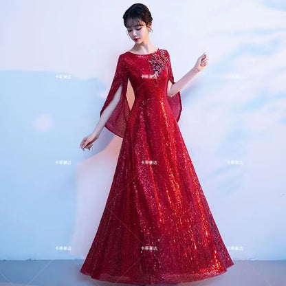 Wine Red Bride's Toast Dress, Women's 2025 New Style Spring Wedding and Engagement Dress, Sequined, Elegant and Grand Evening Dr