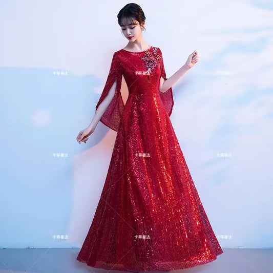 Wine Red Bride's Toast Dress, Women's 2025 New Style Spring Wedding and Engagement Dress, Sequined, Elegant and Grand Evening Dr