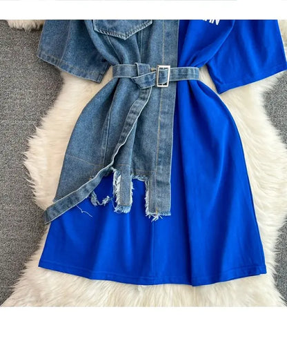 Retro Hong Kong Sle Chic Casual Mid-Length round Ne Patchwork Color Denim irt with Belt Spring New Women's Faion Top