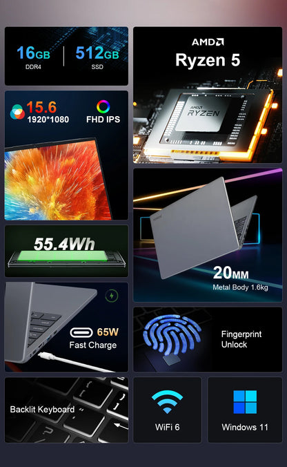 Ninkear A15 Pro Laptop 15.6 Inch FHD IPS AMD Ryzen 5 5500U 16GB RAM 512GB SSD Metal Notebook Fingerprint Unlock Backlit Keyboard WiFi 6 USB-C PD 65W Fast Charge Windows 11 Portable Computer EU Plug
