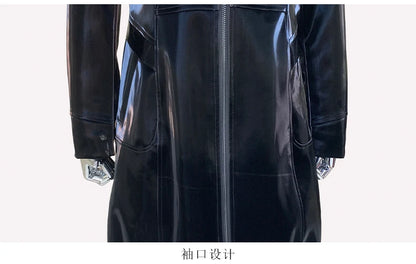 Nerazzurri Spring Fitted Waterproof Shiny Reflective Black Patent Faux Leather Jacket Women with Hood Zipper Red Autumn Clothes