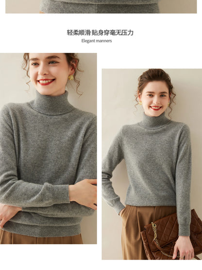 Cashmere Sweater Women's Turtleneck Long Sleeved Knitted Pullover 100% Pure Cashmere Base Sweater Korean Version Women's Top