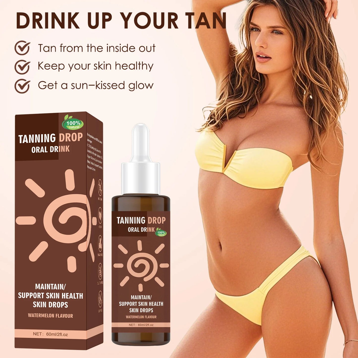 Vegan Sugar-Free Tanning Drink 60ml Natural Oral Drops Watermelon Flavor Sun-Kissed Glow Boost from Within Skin Care