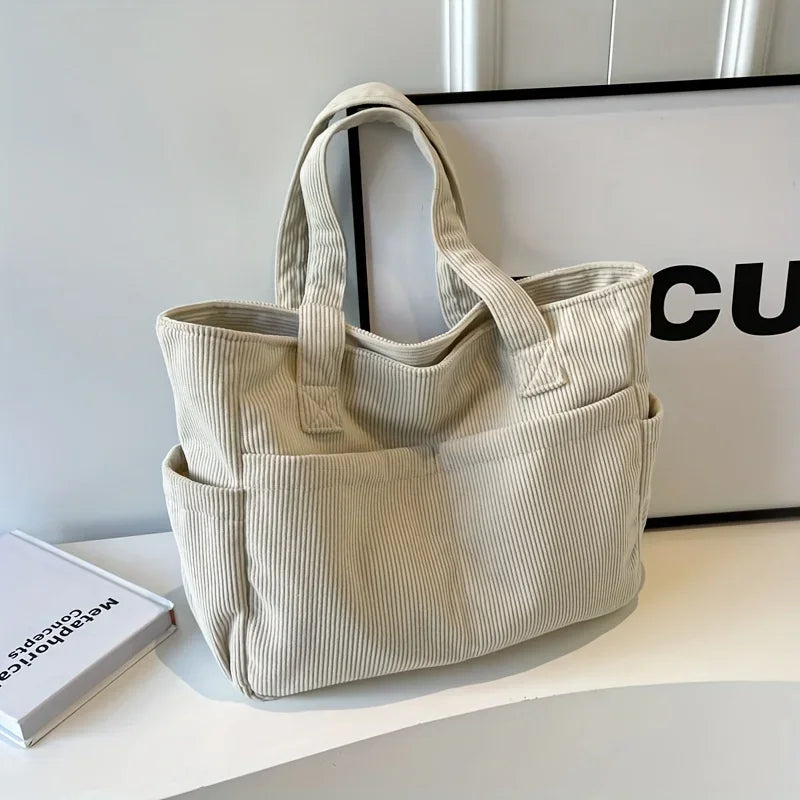 Large Capacity Women's Corduroy Tote Bag Casual Striped Shoulder Bag with Fixed Straps Zipper Handbag for Daily Commuting