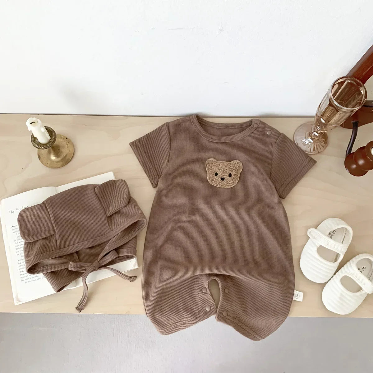 Cotton Romper Gift Hat with Ear New In Summer Kids Baby Girls Boys Short Sleeve Waffle Patch Bear Infant Newborn Jumpsuits