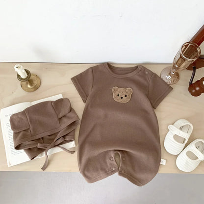 Cotton Romper Gift Hat with Ear New In Summer Kids Baby Girls Boys Short Sleeve Waffle Patch Bear Infant Newborn Jumpsuits