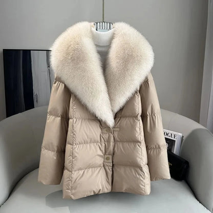 High end Faux Fox fur detachable Large Lapel fur Down Jacket For women 2025 Winter New Medium long Loose White goose Down Coats