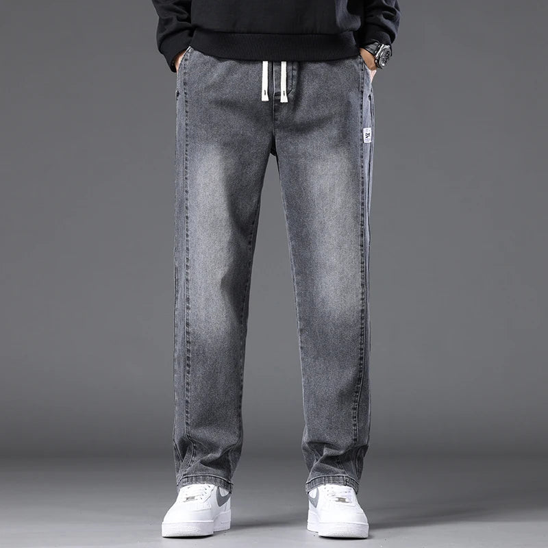 Autumn Winter Blue Jeans Men Drawstring Elastic Waist Cotton Cargo Denim Pants Work Fashion Thick Trousers Male Plus Size M-4XL