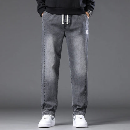 Autumn Winter Blue Jeans Men Drawstring Elastic Waist Cotton Cargo Denim Pants Work Fashion Thick Trousers Male Plus Size M-4XL