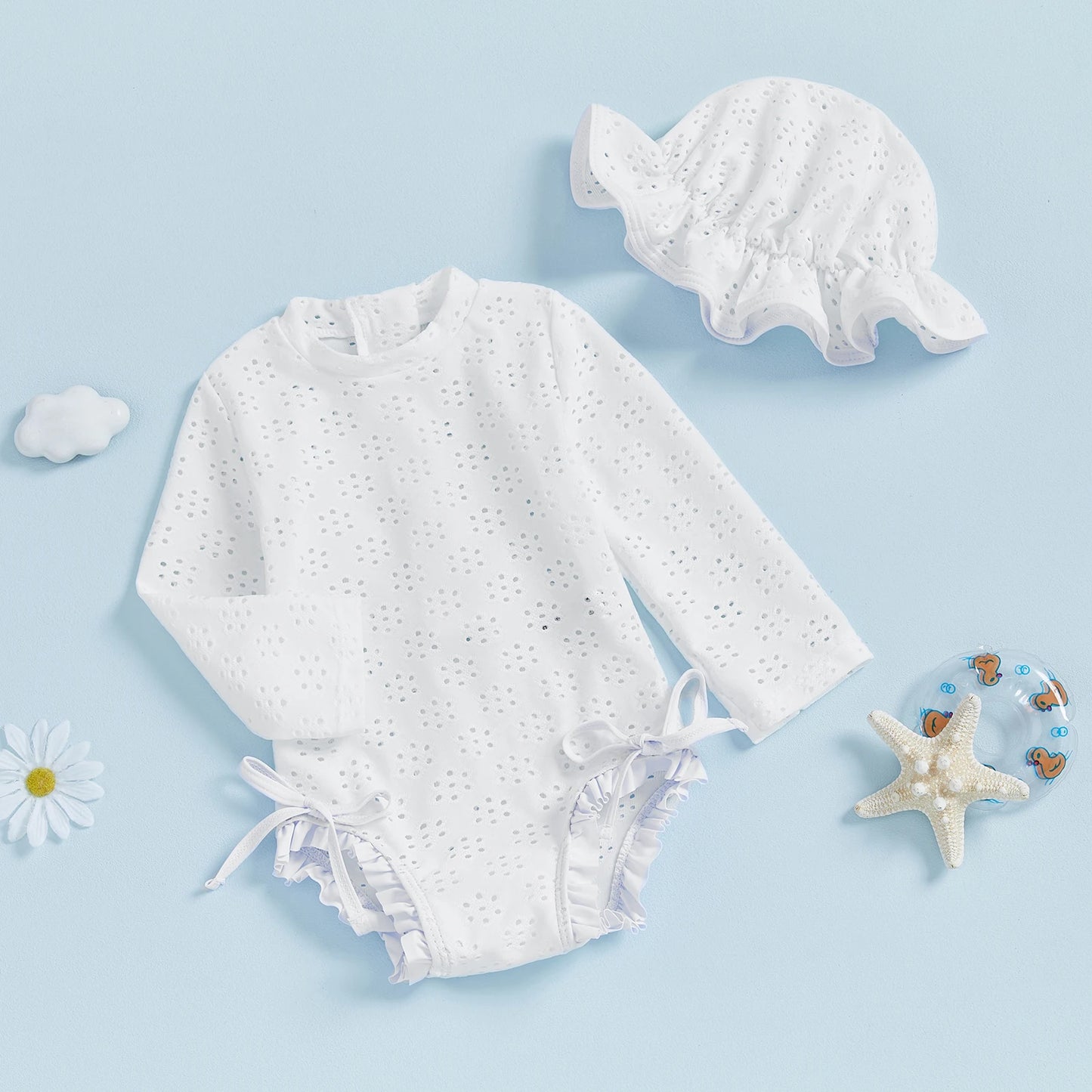 Infant Baby Girl Eyelet Swimsuit with Swimming Hat Toddler 2 Pcs Set Long Sleeve Round Neck Ruffled Romper Kids Bathing Suit