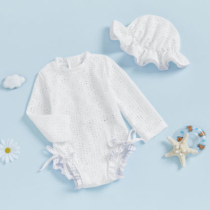 Infant Baby Girl Eyelet Swimsuit with Swimming Hat Toddler 2 Pcs Set Long Sleeve Round Neck Ruffled Romper Kids Bathing Suit