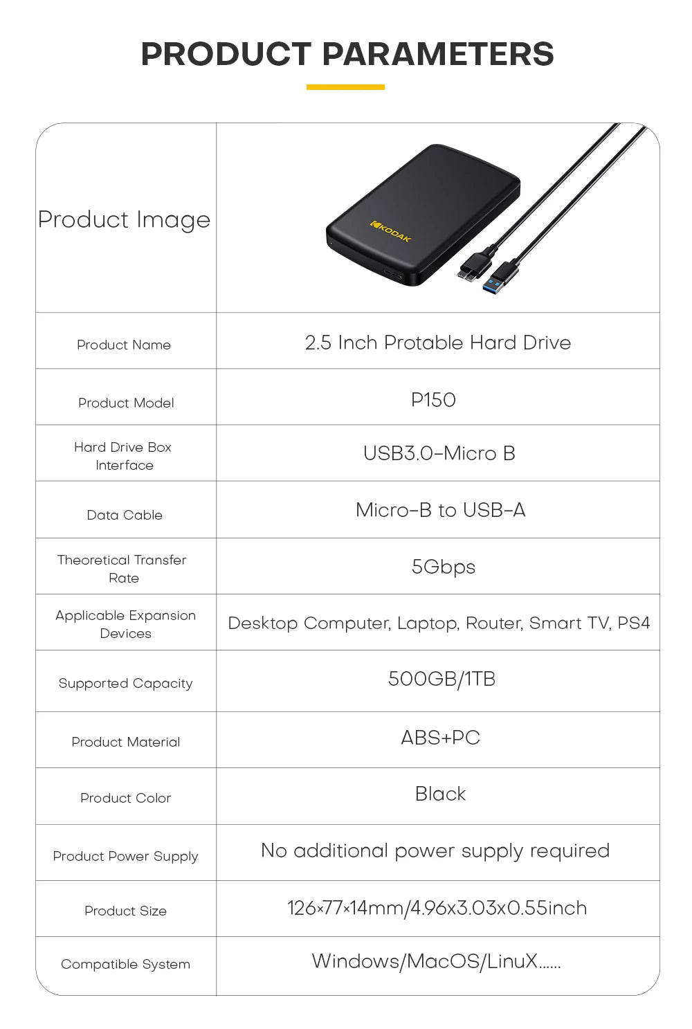 Kodak Portable External Hard Drive HDD P150 5Gbps USB3.0 External Hard Disk 500G 1TB Large-capacity Storage PS4/Xbox/PC