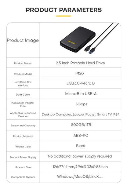 Kodak Portable External Hard Drive HDD P150 5Gbps USB3.0 External Hard Disk 500G 1TB Large-capacity Storage PS4/Xbox/PC
