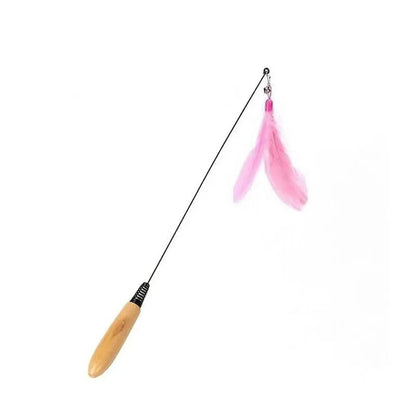 Wooden Handle Spring Teasing Cat Stick Feather Simulation Fishing Rod Cat Teaser Stick Interactive Replaceable Bell Squeaky Cat