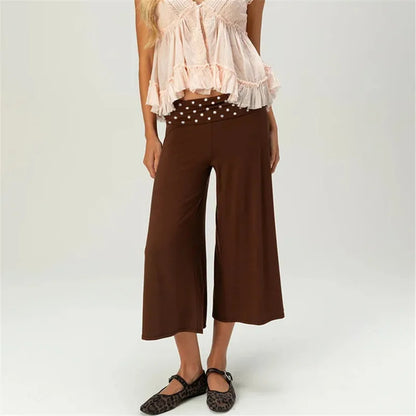 Women Fold Over Waist Gaucho Pants Low Rise Cropped Wide Leg Capri Pants Summer Foldover Culottes Yoga Pants Pajama Bottoms