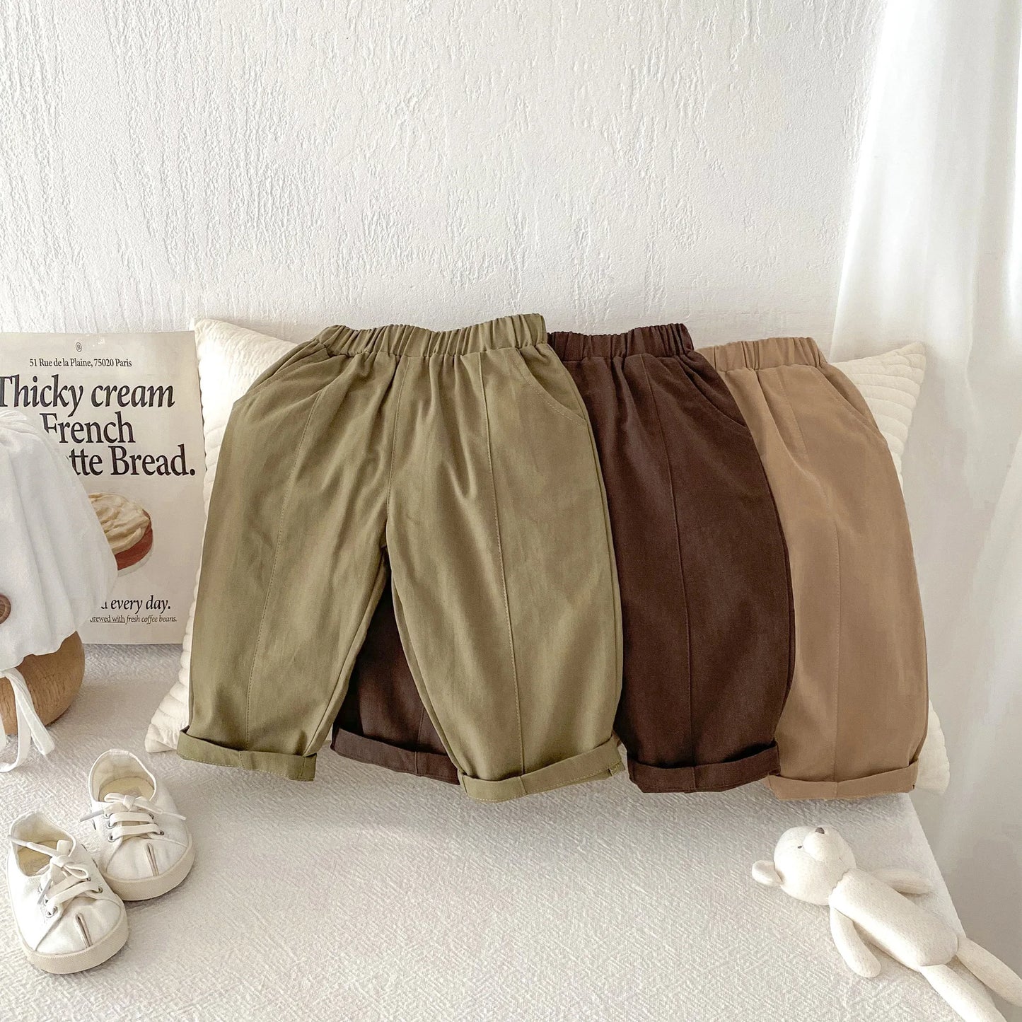 Toddler Girl Cotton Pleated Harem Pants 1-6Y Kids Boys Solid Color Casual Roll Up Trousers Comfy Elastic Waist Kids Bottoms