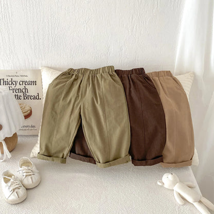 Toddler Girl Cotton Pleated Harem Pants 1-6Y Kids Boys Solid Color Casual Roll Up Trousers Comfy Elastic Waist Kids Bottoms