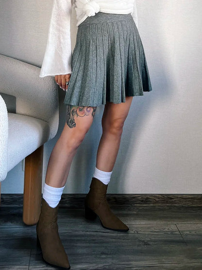 Autumn Knit White Mini Pleated Skirts For Women A Line Skirt Gray High Waist Women Knitted Pleated Short Skirts Korean Fashion