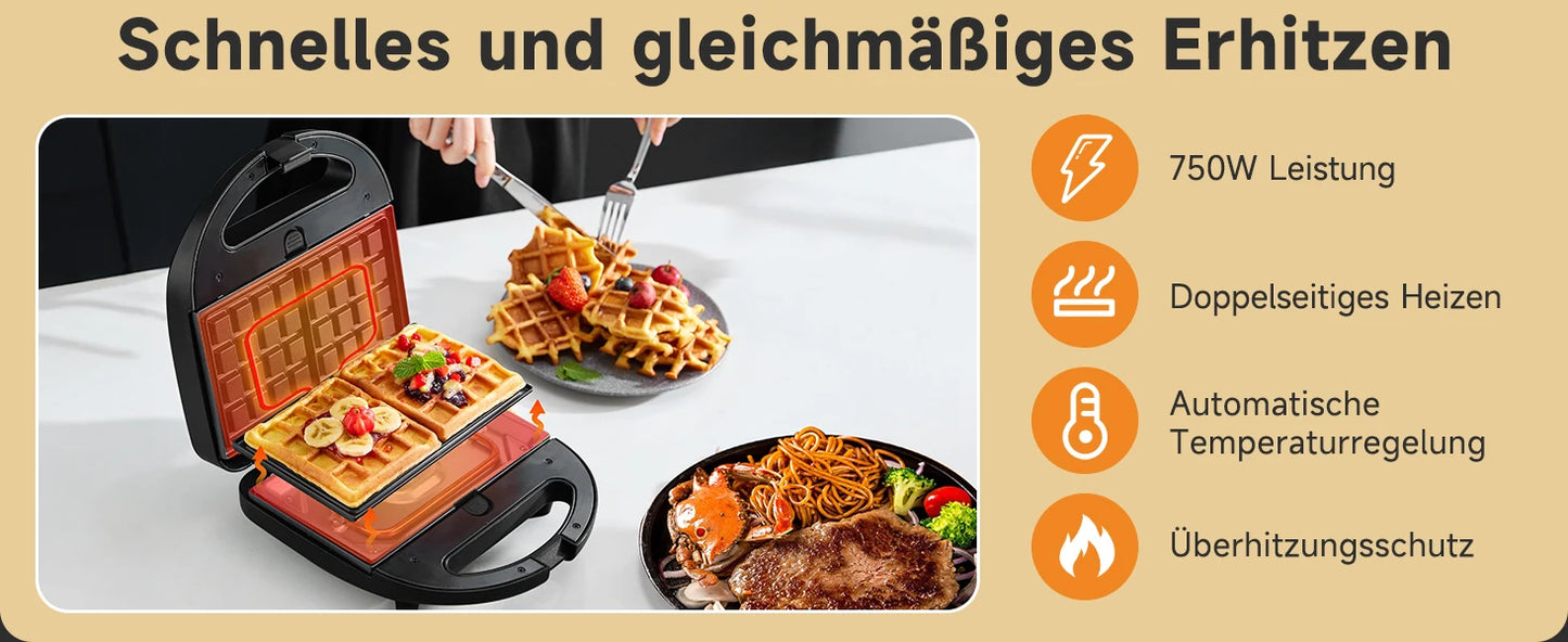 Aigostar 750W Sandwich Maker/Grill/Waffle 3 in 1. Compact Size with Automatic Thermostatic System, Non-Stick and Removable Plate