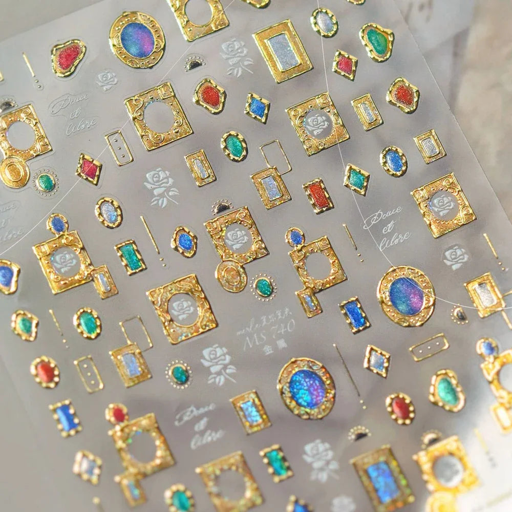 Luxury 5D Floral Nail Art Stickers Gold Silver Chinese Style Metal Frame Shiny Crystal Rhinestone Self Adhesive Manicure Decal