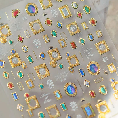 Luxury 5D Floral Nail Art Stickers Gold Silver Chinese Style Metal Frame Shiny Crystal Rhinestone Self Adhesive Manicure Decal