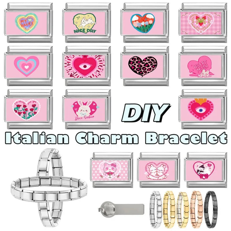 Beautiful Flower Y2K Black Star Dog Heart Pink Italian Charm Link Fit 9mm Stainless Steel Sweet Bracelet Jewelry Making DIY Gift