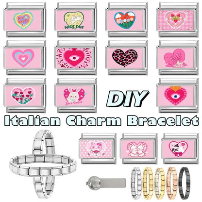 Beautiful Flower Y2K Black Star Dog Heart Pink Italian Charm Link Fit 9mm Stainless Steel Sweet Bracelet Jewelry Making DIY Gift