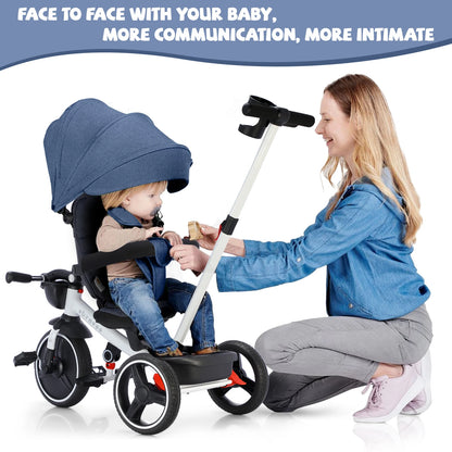 Foldable Children's Tricycle – Adjustable Parent Handle, Wheel Brakes, Removable Hood, Backrest & Safety Seat