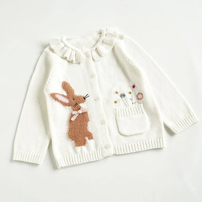 Baby Girls Embroidery Sweater Cardigan Autumn Fashion Cotton Floral Collar Kids Knitted Cardigan Rabbit Coat Outerwear Korean