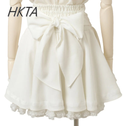 Japanese Liz Skirt High Waist Thin Kawaii Cute Bow Lolita Skirts Women Summer New Elastic High Waist Ruffle Short Pleated Skirt