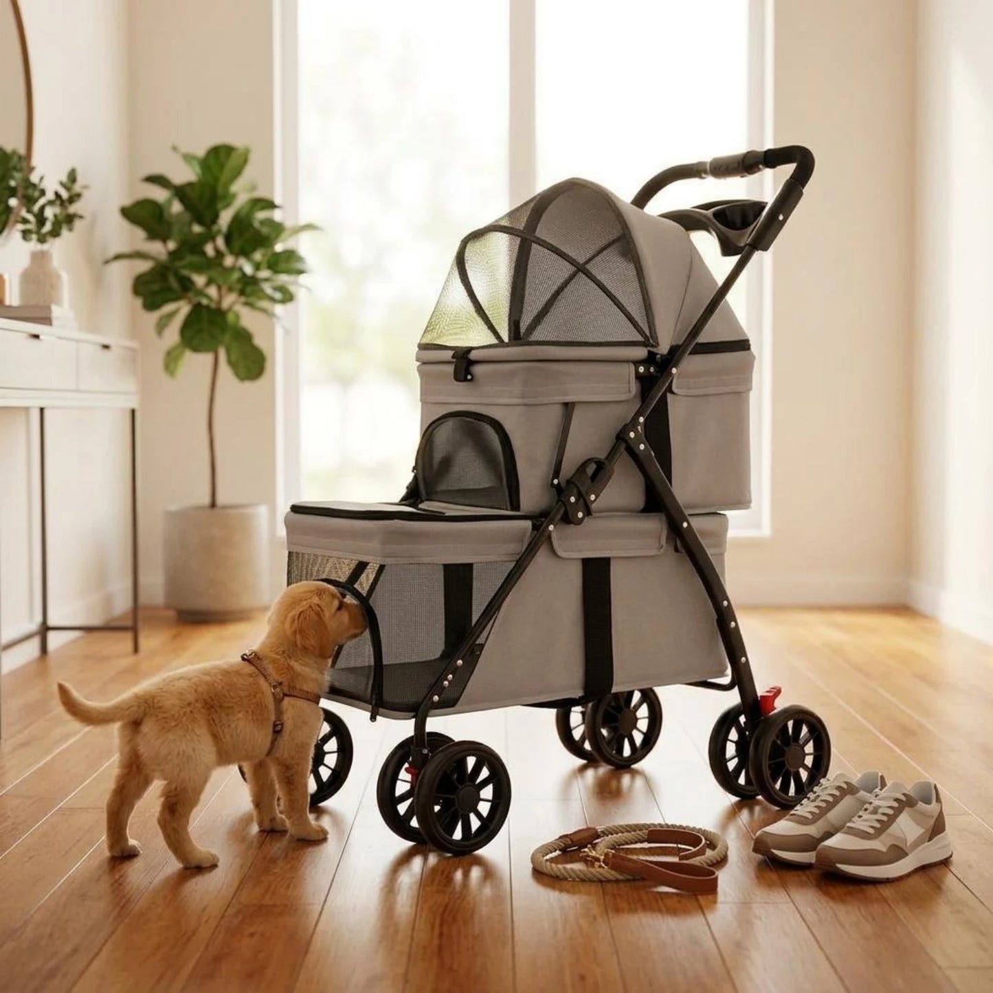 Double-Deck Pet Stroller Lockable Wheels Small Dog Feline Stroller Pet Transport Storage Pockets Removable Liner for Outdoor