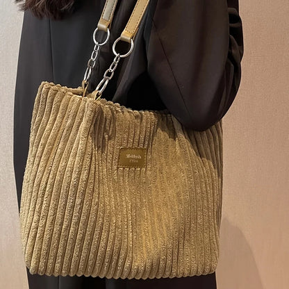 Stylish Corduroy Tote Bag for Women, Large Capacity Plush Shoulder Bag, Versatile Commuter & Travel Bag.