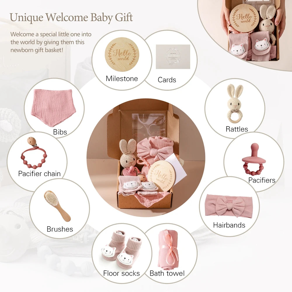 Newborn Bath Set Baby Towel Cotton Blanket Pacifier Chain Bracelet Crochet Rattle Toy Newborn Birth Bath Towel Gift Box
