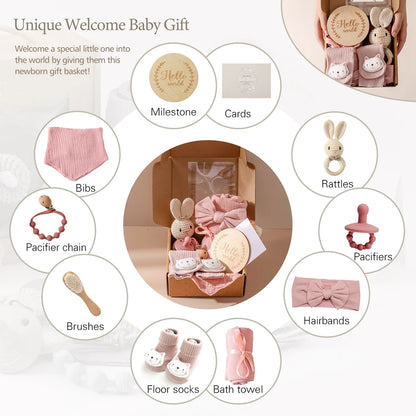Newborn Bath Set Baby Towel Cotton Blanket Pacifier Chain Bracelet Crochet Rattle Toy Newborn Birth Bath Towel Gift Box