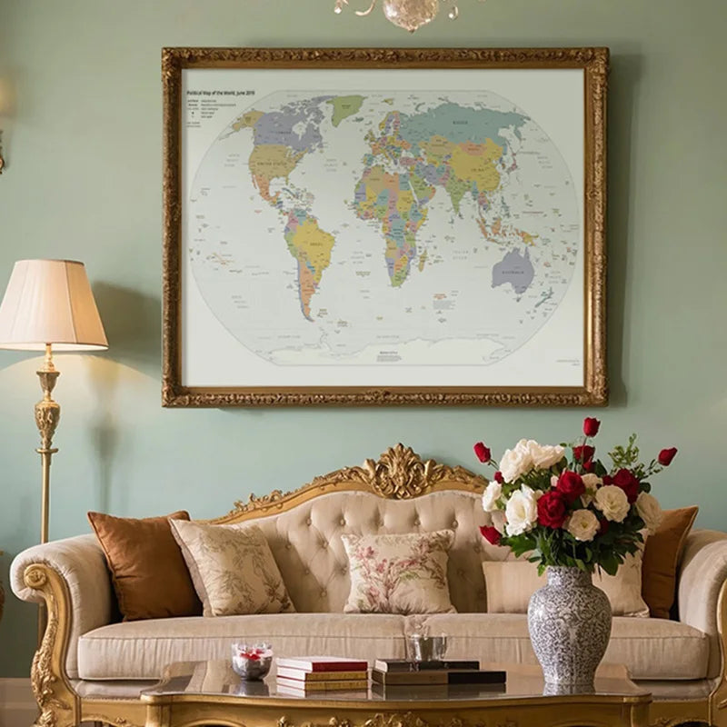 English Map Series-World Map-2019,Decorative Hanging Picture Decor Frameless,Geographical,Tourism/education Tools