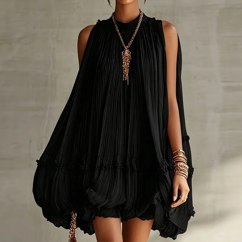 2026 Women Solid O-Neck Princess Party Dress Spring Summer Sexy Sleeveless Ladies Loose Ruched Dresses Streetwear Dropshipping