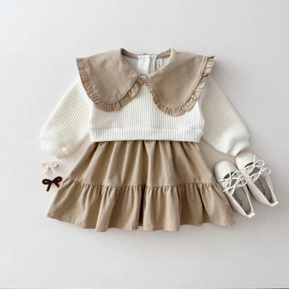 Q2731 Korean Style Girls' Turn-down Collar Dress Pure Autumn Collection Princess Skirt Color Block Design Children's Apparel