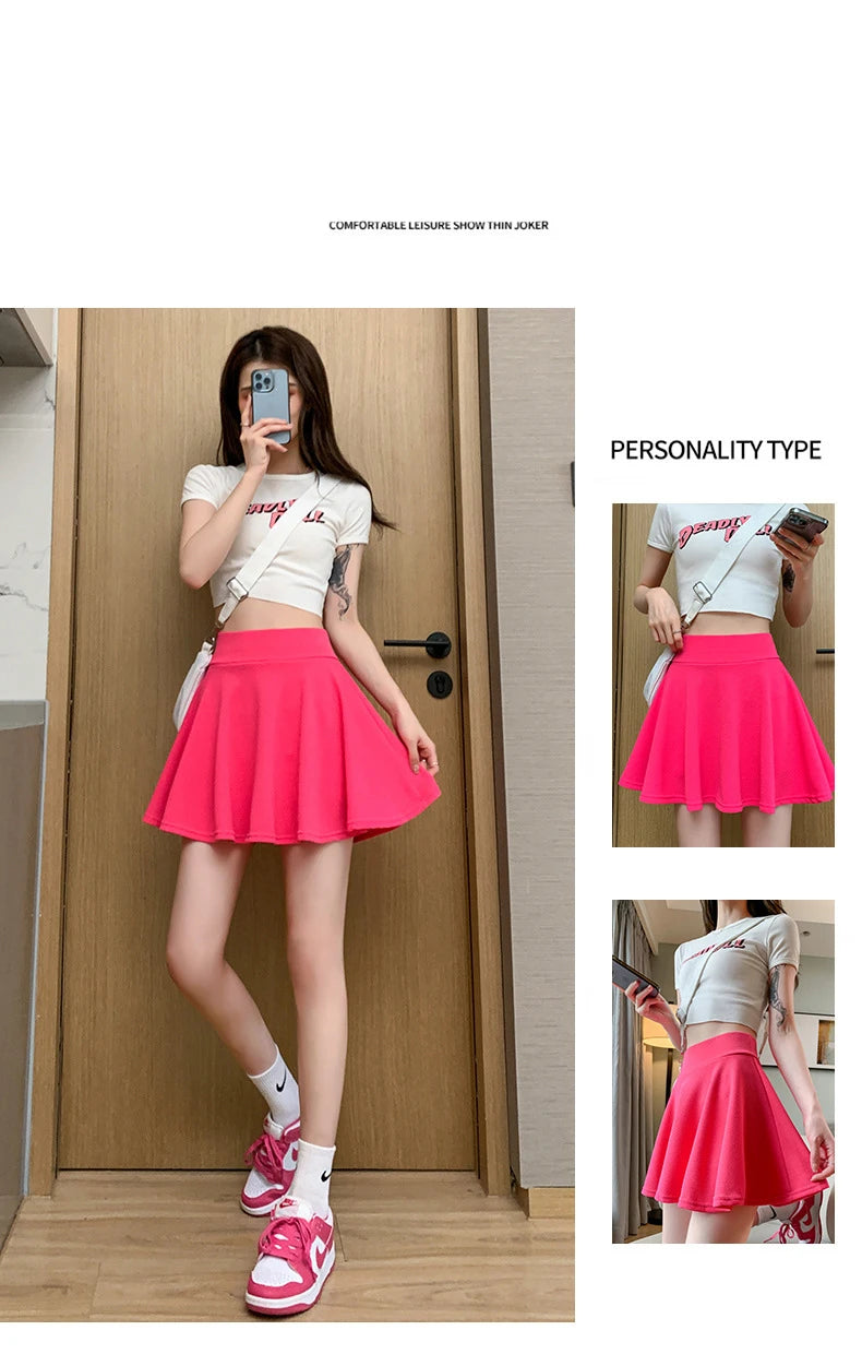 Summer Basic Skirts Women Shorts Mini Elastic Pleated Skirts High Waist Bubble Sun Skirts School Girl Uniform Lined Safety Pants
