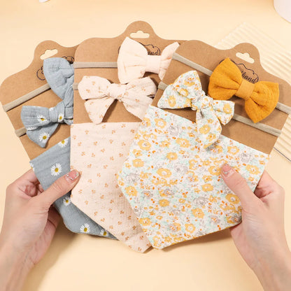 3Pcs/Set Muslin Cotton Print Bib Newborn Bows Headband Triangle Saliva Towel Infant Boy Girl Feeding Burp Baby Hair Accessories