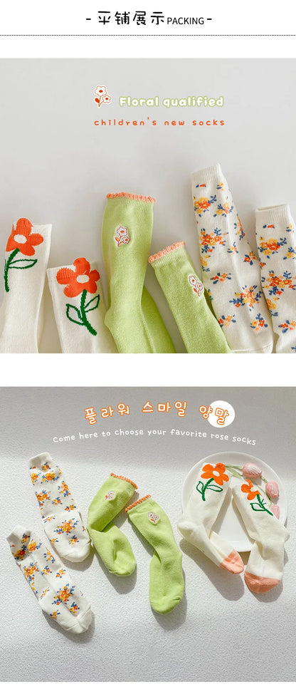 1-12Year 3Pairs Pack 2024 Spring Floral Medium Stockings Embroidery Lace Thin Princess Stockings Girls' Socks