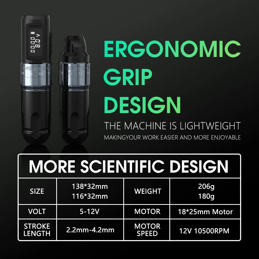 Ambition MARS-U Professional Wireless Tattoo Machine Pen Adjustable Stroke 2-4mm Cartridge 1800mAh Coreless Motor Tattoo Artists