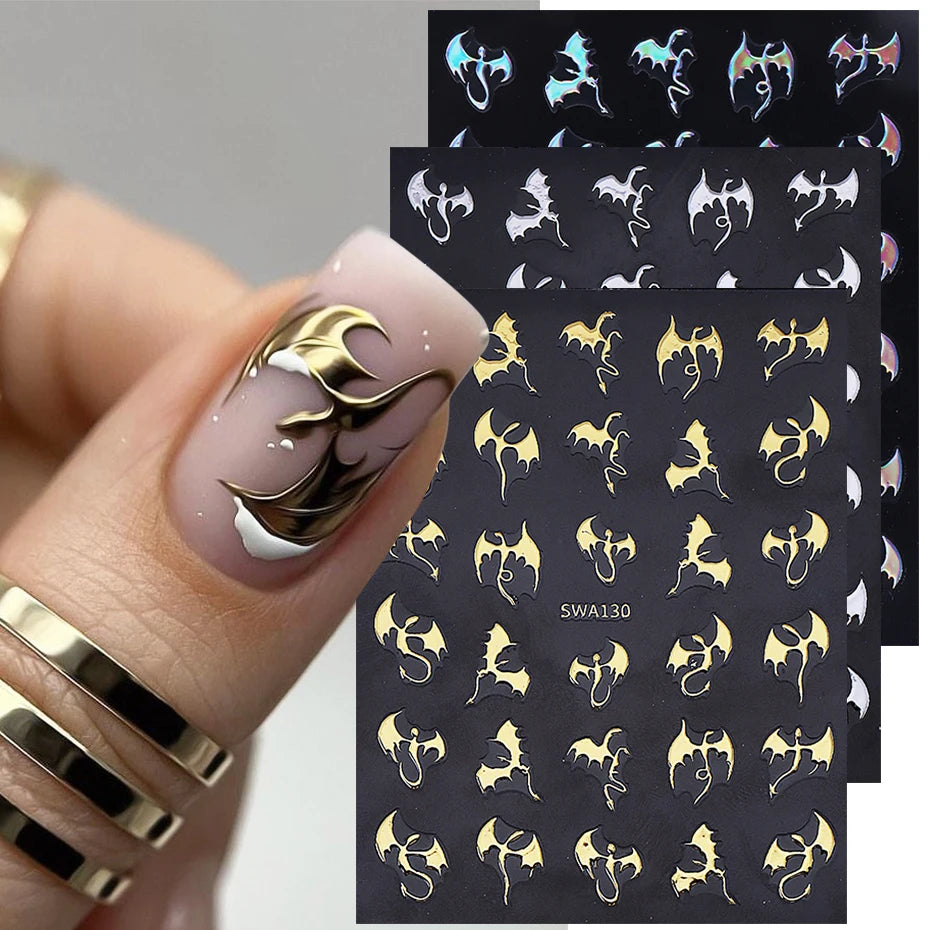 3pcs Metallic Flying Dragon Nails Stickers Gold Silver Laser Flying Devil Bat Design Nail Decals DIY Halloween Manicure Decor