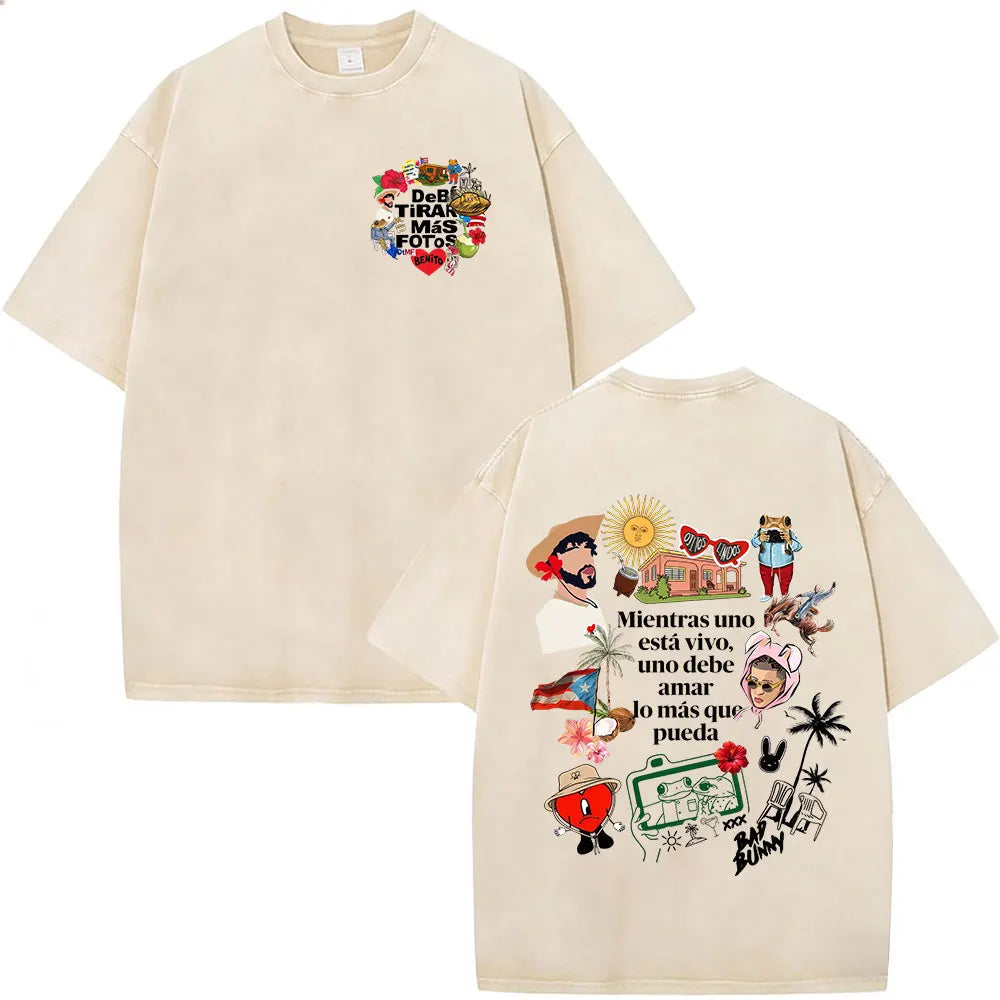 Rapper Bad Bunny Vintage Washed T Shirts Debi Tirar Mas Fotos DTMF T-shirts Men's Clothing Fashion High Quality T-shirt Couples