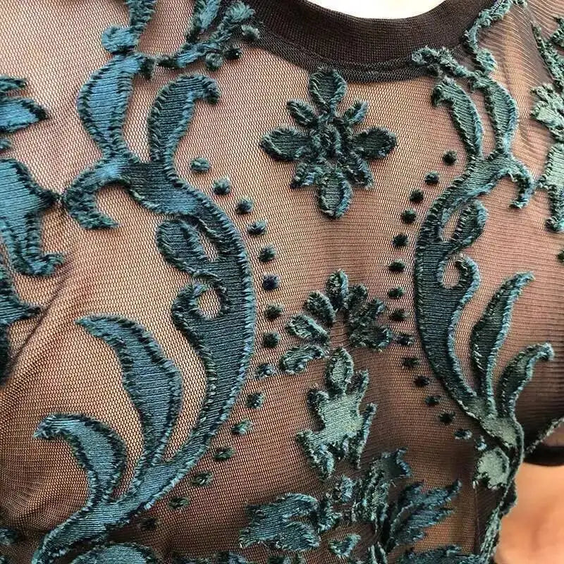 Sexy Round Neck T Shirt Soft Velvet Slim Men Clothing Nightclub Short-sleeved Top Quality Transparent Floral T Shirt See Through