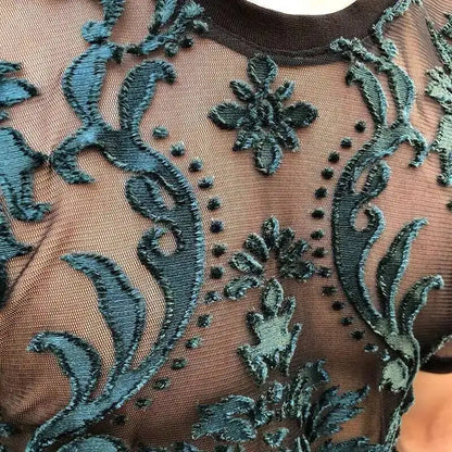 Sexy Round Neck T Shirt Soft Velvet Slim Men Clothing Nightclub Short-sleeved Top Quality Transparent Floral T Shirt See Through
