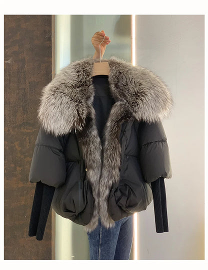 Oversized Winter Warm Real Fox Fur Collar Black Down Coat Women Puffer Outerwear Jackets 2024 Autumn Winter