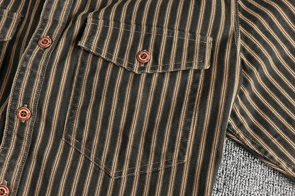 2025 Autumn And Winter New American Retro Stripe Long-Sleeve Lapel Shirt Men's Simple Fashion Washed Multi-pocket Casual Blouses